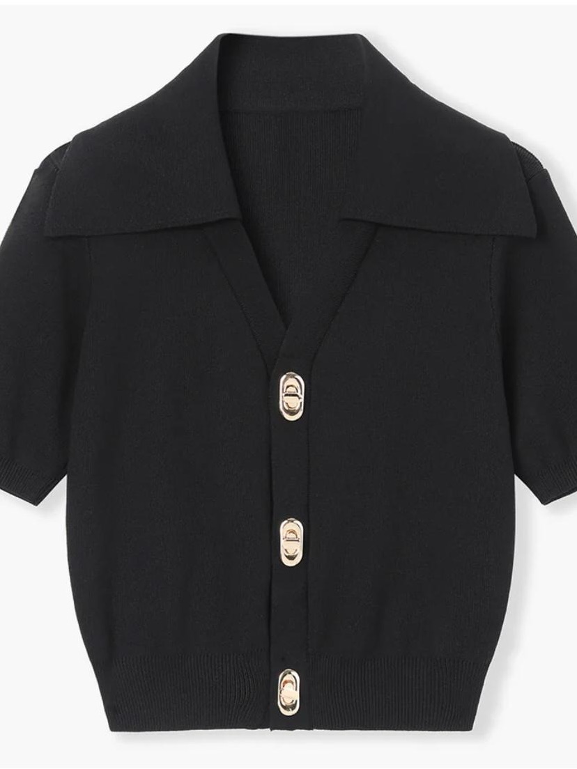 Commense ‘Effortless Collared Top’ Black Knit Top With Gold Accent Buttons
